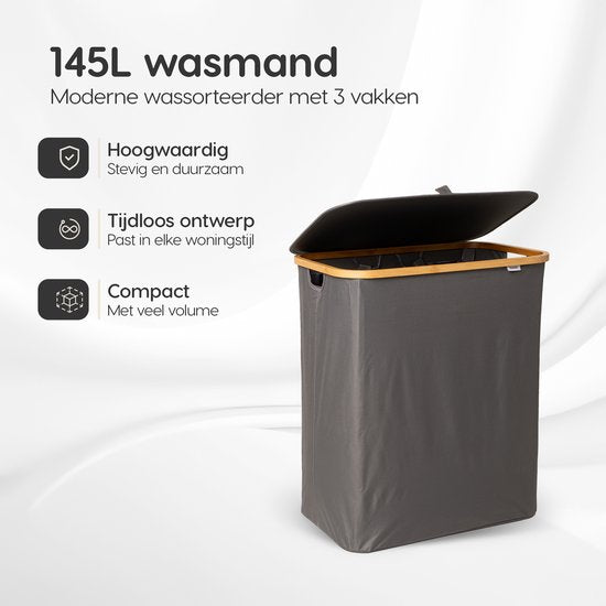 Dymac Wasmand 145 Liter | 3 Compartimenten | Bamboe Wassorteerder | Met 3 uitneembare waszakken | Wasmand 3 vakken | Wasmand met deksel | Grijs