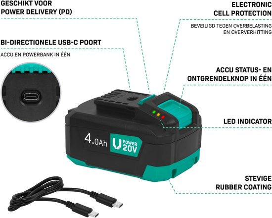 VONROC VPower 20V Accu – 4.0Ah – Duopack: 2 stuks - b-directionele USB-C poort – accu en powerbank in één – compatibel met Power Delivery (PD) – Beveiligd met Electronic Cell Protection