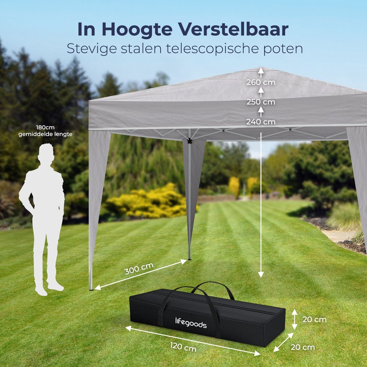 LifeGoods Partytent - Paviljoen - EasyUp - Opvouwbaar - Waterdicht - Met Draagtas - 300 x 300 cm - Grijs