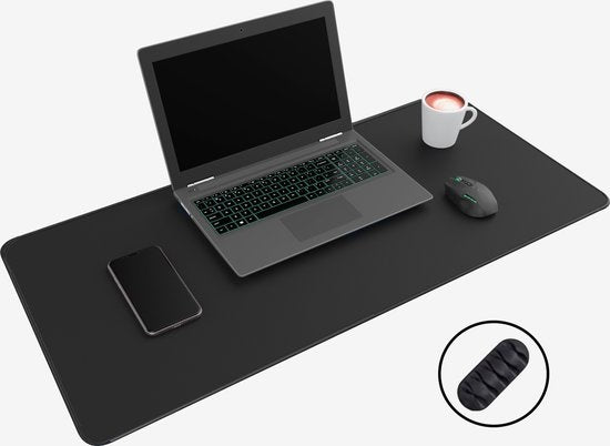 WURK Professionele Bureau Onderlegger Rubber – Bureau Organizer – Bureau Accessoires – Muismat XXL– Inclusief Kabel Clip – 90x40 – Zwart