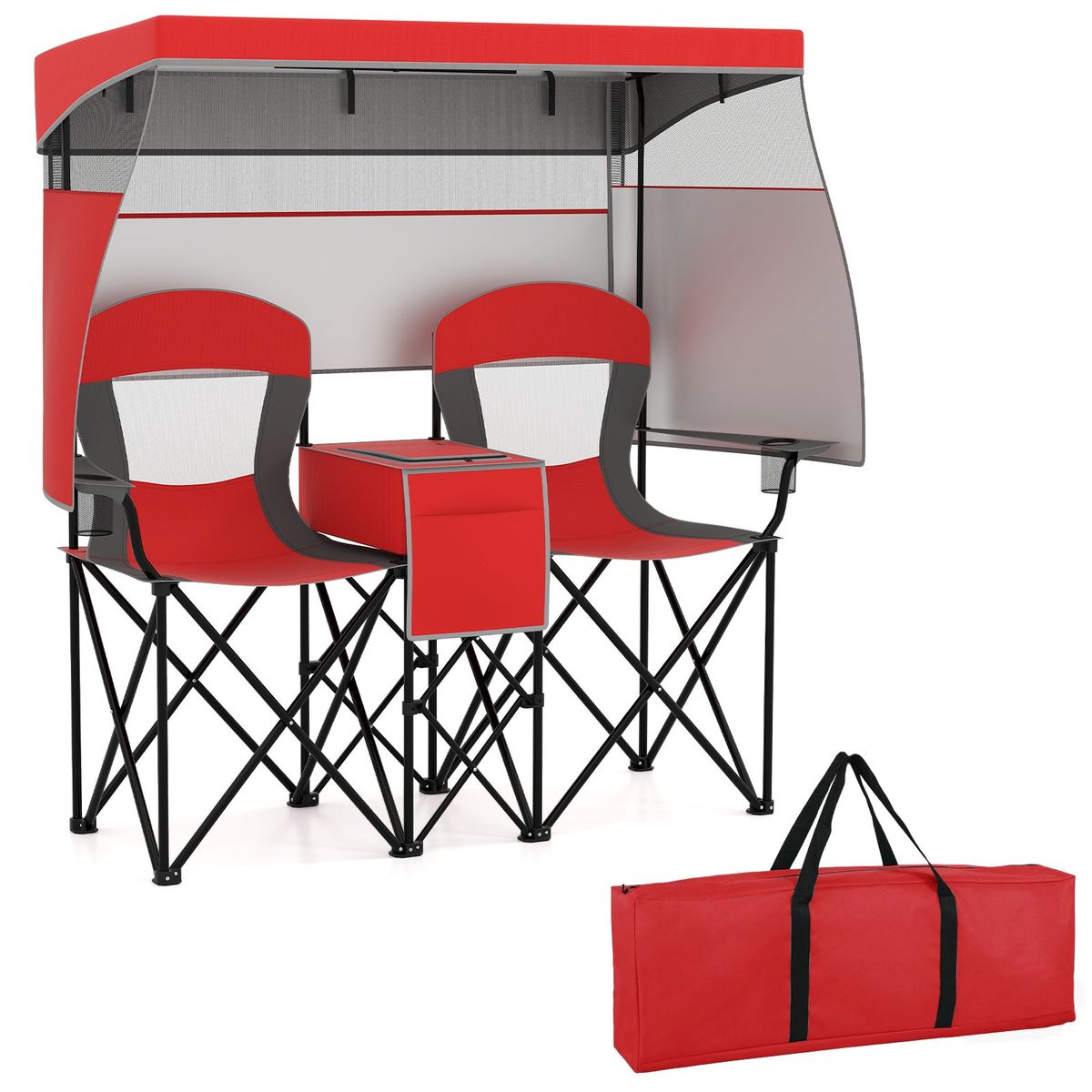 Coast Dubbele Campingstoel - verstelbare zonwering - koeltas en bekerhouders - rood