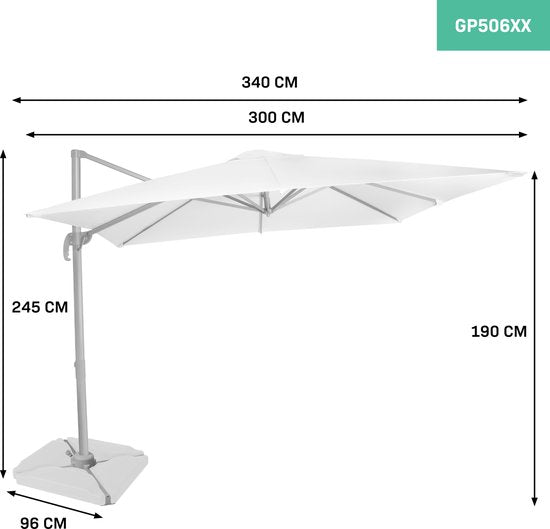 VONROC Premium Zweefparasol Pisogne - 300x300cm – Inclusief kruisvoet & beschermhoes – Vierkante parasol – 360 ° Draaibaar - Wit