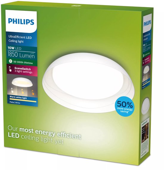 Philips Fleta plafondlamp - Ultra Efficiënt - SceneSwitch lichttechnologie - 10W - Warmwit licht - Wit design - Bespaar op energiekosten