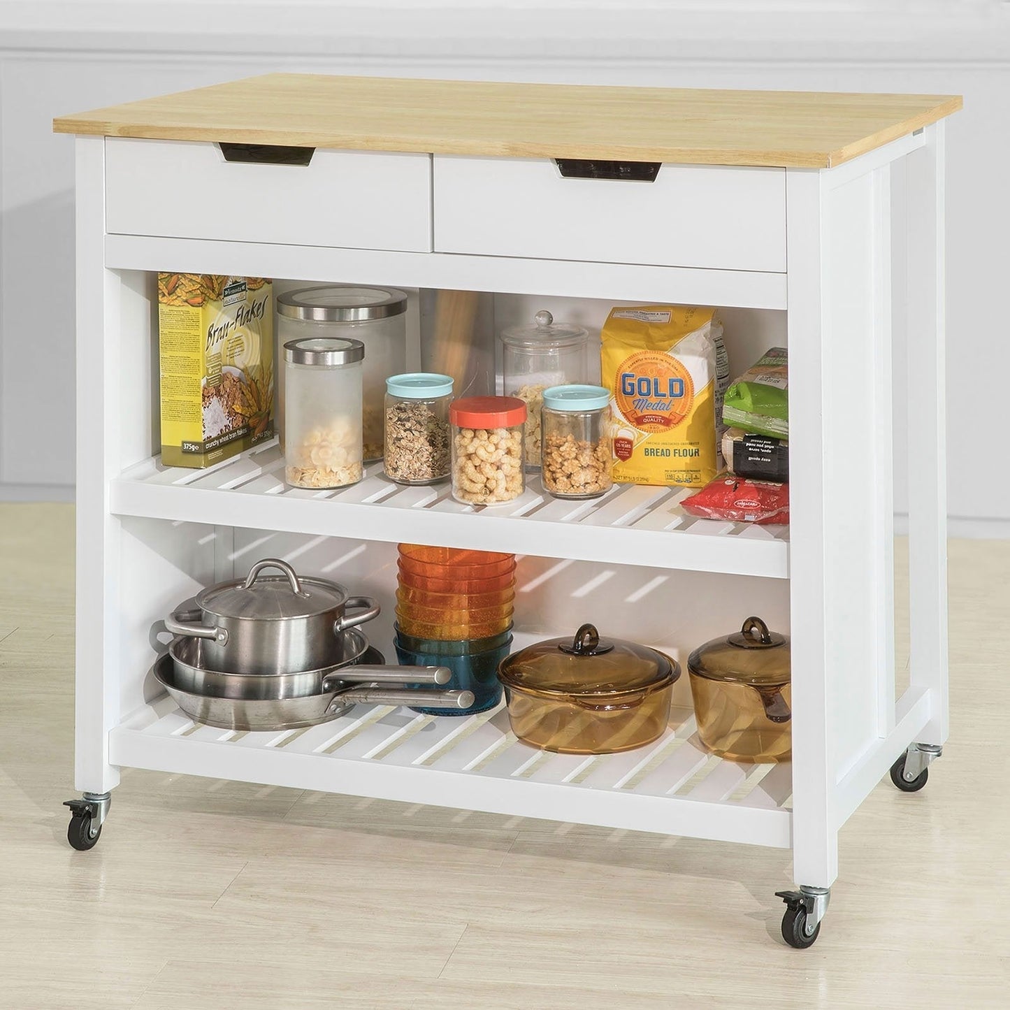 SoBuy - Kookeiland Op Wielen - 100 x 60 x 94 cm - Wit & Hout Composiet - Mobiele Keukentrolley Met Opbergkast - Voor Keuken & Voorraad