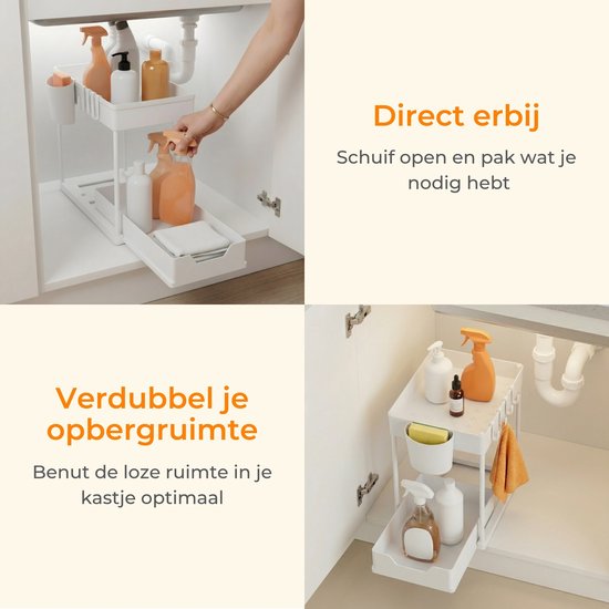 Posity Gootsteenkast Organizer - Keukenkastje Organizer - Schuiflade - Kast Organizer - Badkamer Organizer - Aanrecht Organiser - 1 Uitschuifbare Lade - Wit