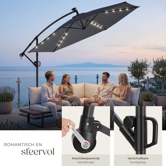 tectake® Zweefparasol met Voet - 3 x 3 m - Tuinparasol met LED-Verlichting op Zonne-Energie - Draaibaar - Waterafstotend Polyester met UV-Bescherming - Inclusief Hoes - Grijs
