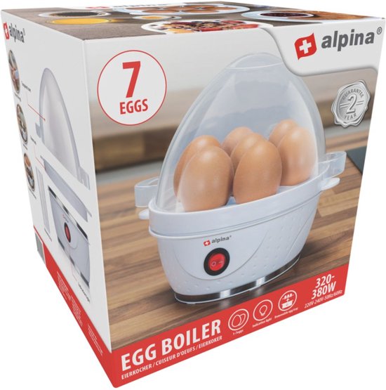 alpina Elektrische Eierkoker - Eierkoker Voor 7 Eieren - Incl. Maatbeker, Eierrek en Eierprikker - 230V - 320-380W - Waarschuwingssignaal - Antislip - Zacht/ Medium of Hardgekookte Eieren