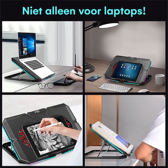 TTD® Laptop Cooler – Verstelbare Laptopstandaard – Gaming Cooling Pad tot 17” – Extra USB-poort – Zwart