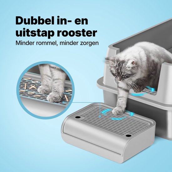 Jake en Jacky RVS Kattenbak - Kattentoilet Roestvrijstaal - Incl. Kattenbakschep met Houder en Gritopvang Opstapje - 2 in 1 Open Kattenbak met Afneembare Deksel - 60x40x38cm