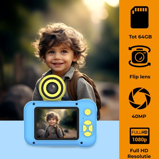 Denver Kindercamera Full HD - Flip Lens voor Selfies - 40MP - Digitale Camera Kinderen - Foto en Video - Spelletjes - KCA1351 - Blauw