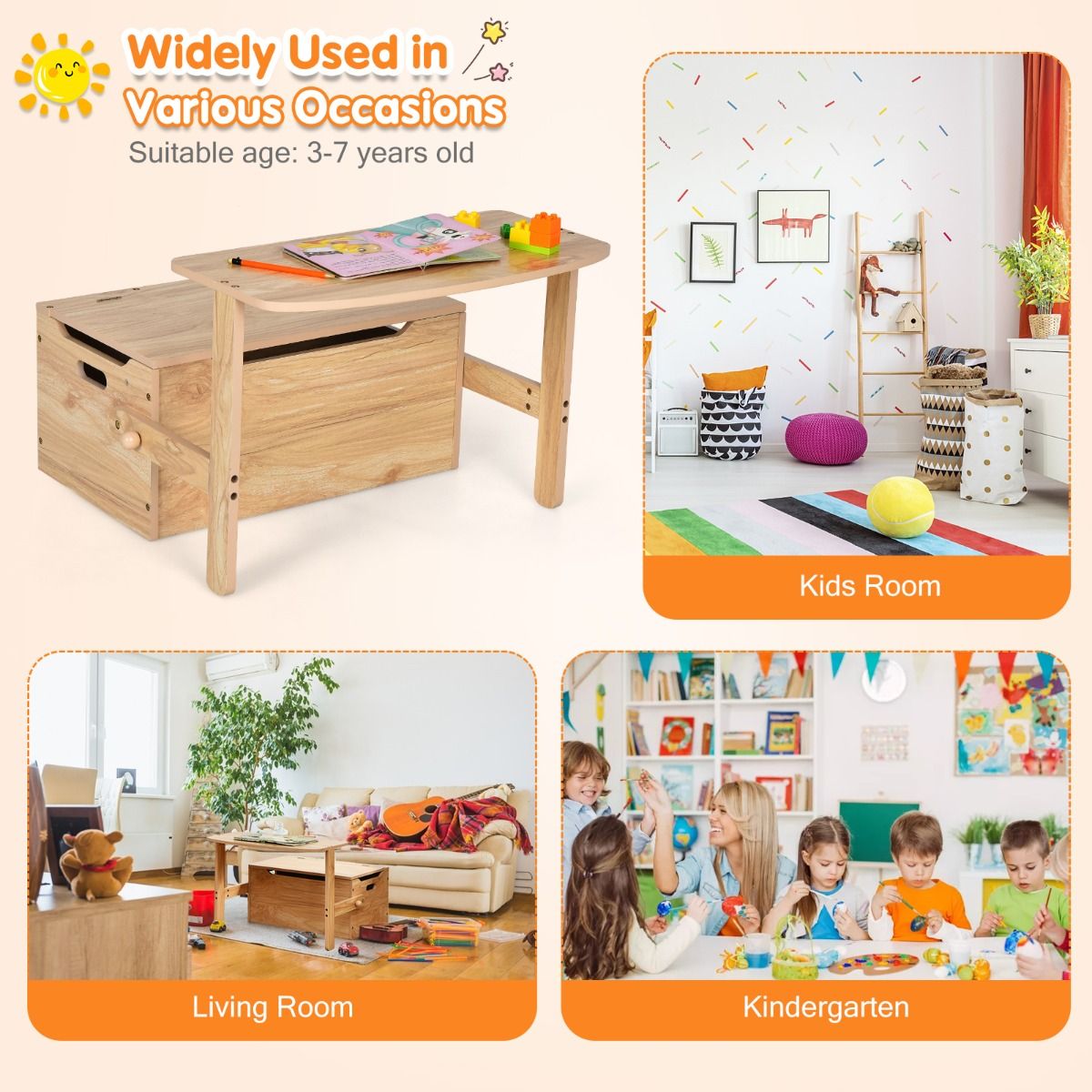 3 in 1 Kinderen Activiteitentafel met Bankje & Opbergbox – 60 x 56,5 x 43,5 cm – Natuurlijk