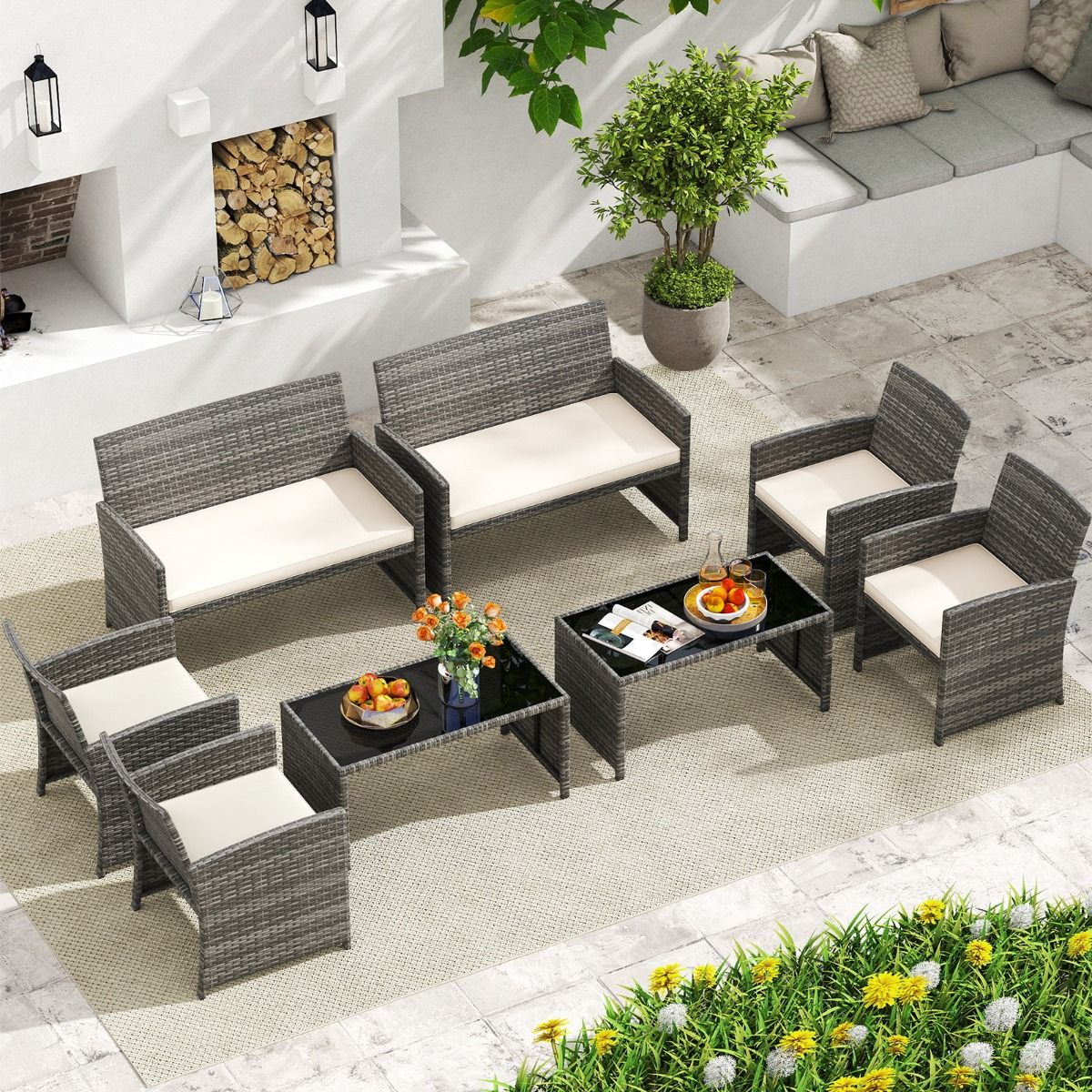 Coast 4-delige tuinmeubelset - rotan loungeset met witte kussens - tafel met veiligheidsglas - grijs