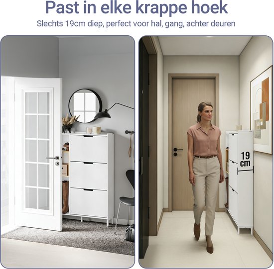 SoBuy FSR209-WN Schoenenkast, wit, compact, opslag voor 9 paar schoenen, ideaal voor kleine ruimtes en woningen, MDF + bamboe, 90 x 19 x 129,5 cm FSR209-WN