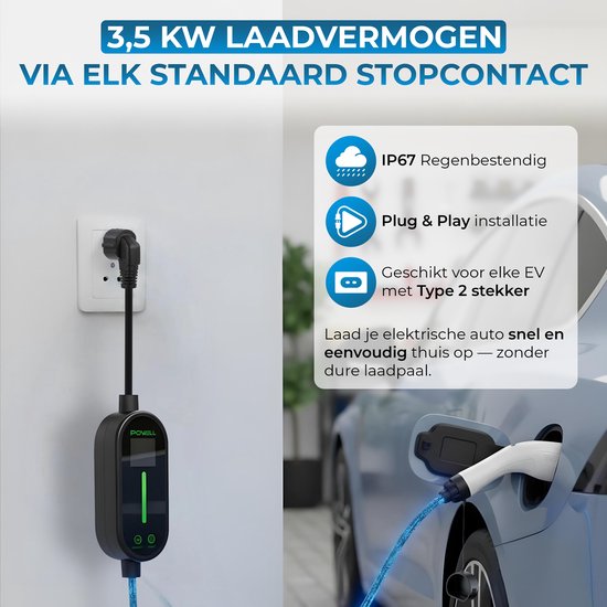 Powell Laadkabel type 2 - Mobiele Thuislader type 2 - 3,5kW - IP67 Waterdicht - 5 meter kabel - Inclusief opbergtas - Waterdicht - Zwart/Wit