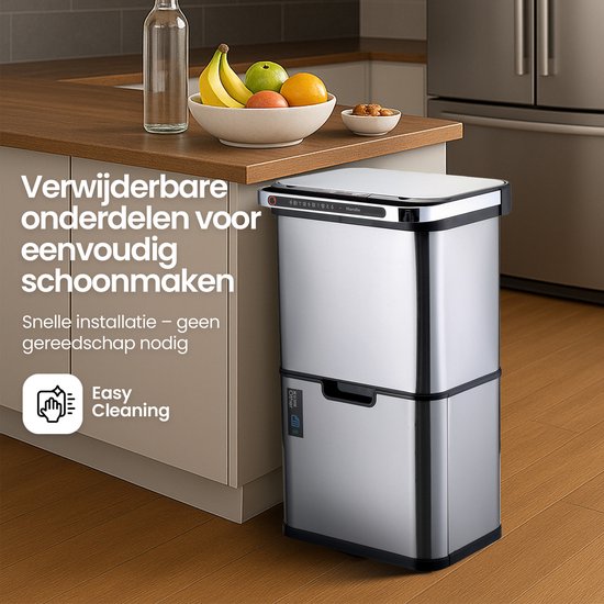 Hom&Com Prullenbak 3 Vakken 60L Grijs – Automatische Afvalbak met Sensor – Soft-Close Deksel, Ozonfunctie & Geurfilter voor Afvalscheiding