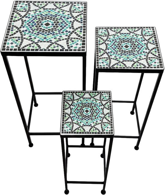 AXI Eline Mozaïek Plantentafel Vierkant Multikleur - Set 3 stuks – Bijzettafels - Diverse Afmetingen - Mozaïeklook – Ingelegd met keramische tegels – Voor binnen, tuin, terras en balkon