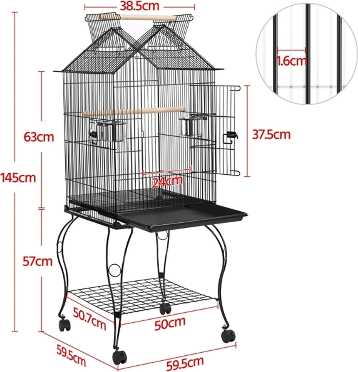 Yaheetech Vogelkooi XXL Met Verrijdbaar Onderstel – 59,5 x 59,5 x 145 cm – Voorzien Van Opening In Dak En Uitneembare Bodemplaat En Opbergplank – Voor Parkieten En Kanaries – Zwart Metaal En Hout