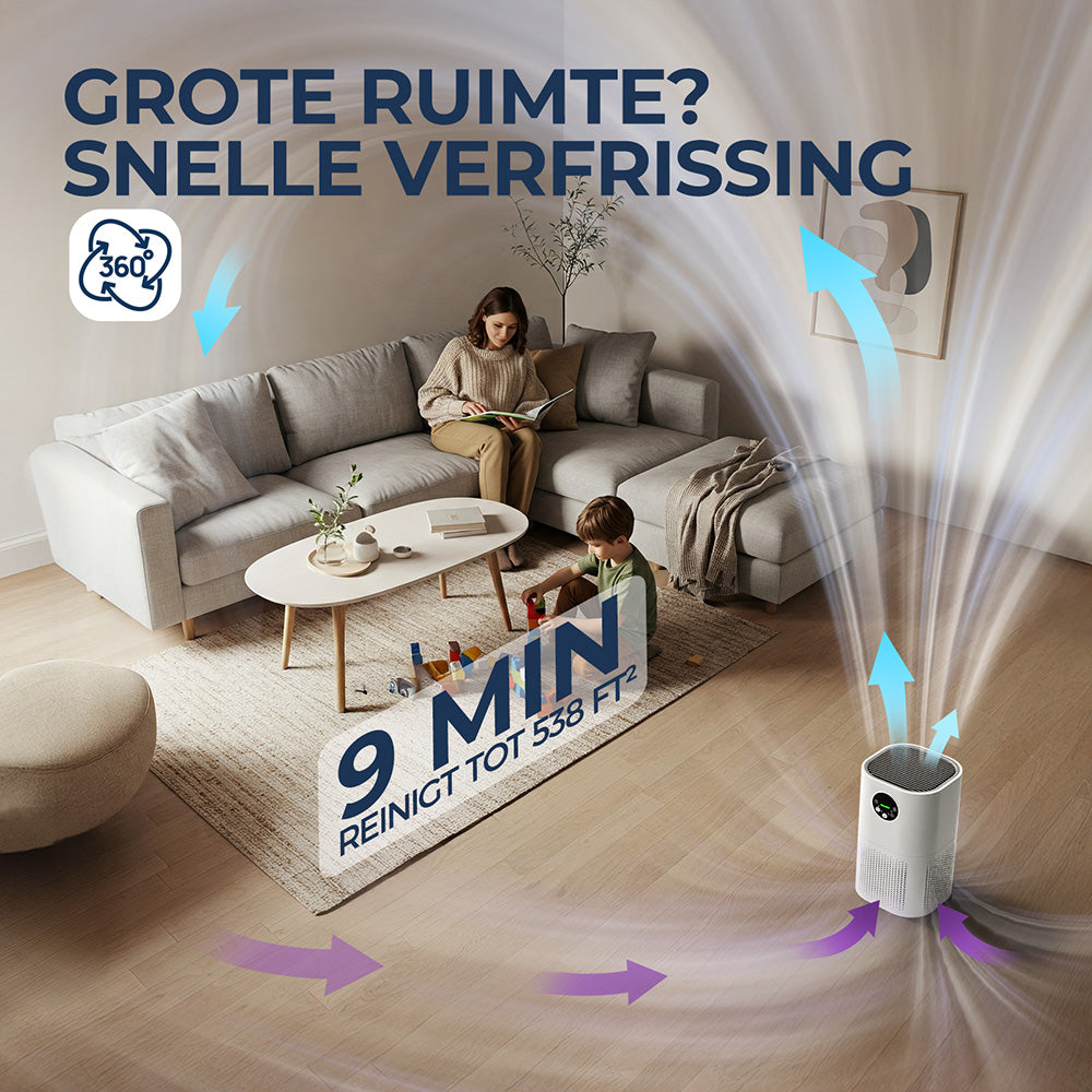 Rouny luchtreiniger voor thuis, H13 echt HEPA-filter, CADR 150 m³/u, bereik 20-50 m², slaapmodus ≤25 dB, luchtkwaliteitsdisplay, 4 ventilatorsnelheden voor huisdieren en slaapkamer, AP-T1