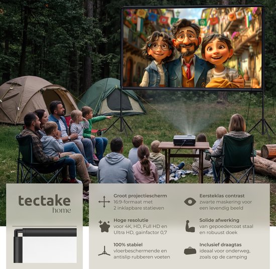 tectake® Beamer Scherm - 120 Inch (305 cm) - 16:9 Projectiescherm met Dubbel Statief - 4K HD - Oprolbaar - Uittrekbaar - Projectiedoek - Presentatiescherm - Home Cinema - Inclusief Draagtas