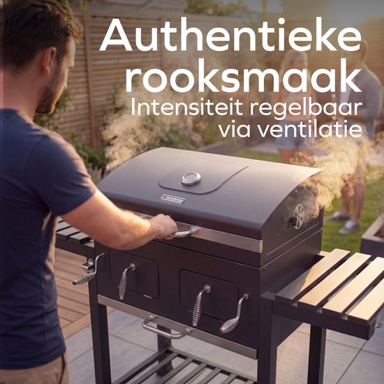 KitchenBrothers Houtskool BBQ XL - Dual Zone Smoker Barbecue - Met Verstelbare Kolenroosters & Inklapbare Zijtafels - PFAS-vrij - 42,3x75,8cm Grilloppervlak - Zwart