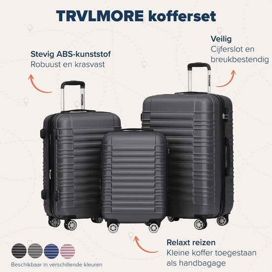 TRVLMORE Kofferset - 3 Delig - Complete Set - 38L Handbagage + 70L en 110L Ruimbagage - Donkergrijs