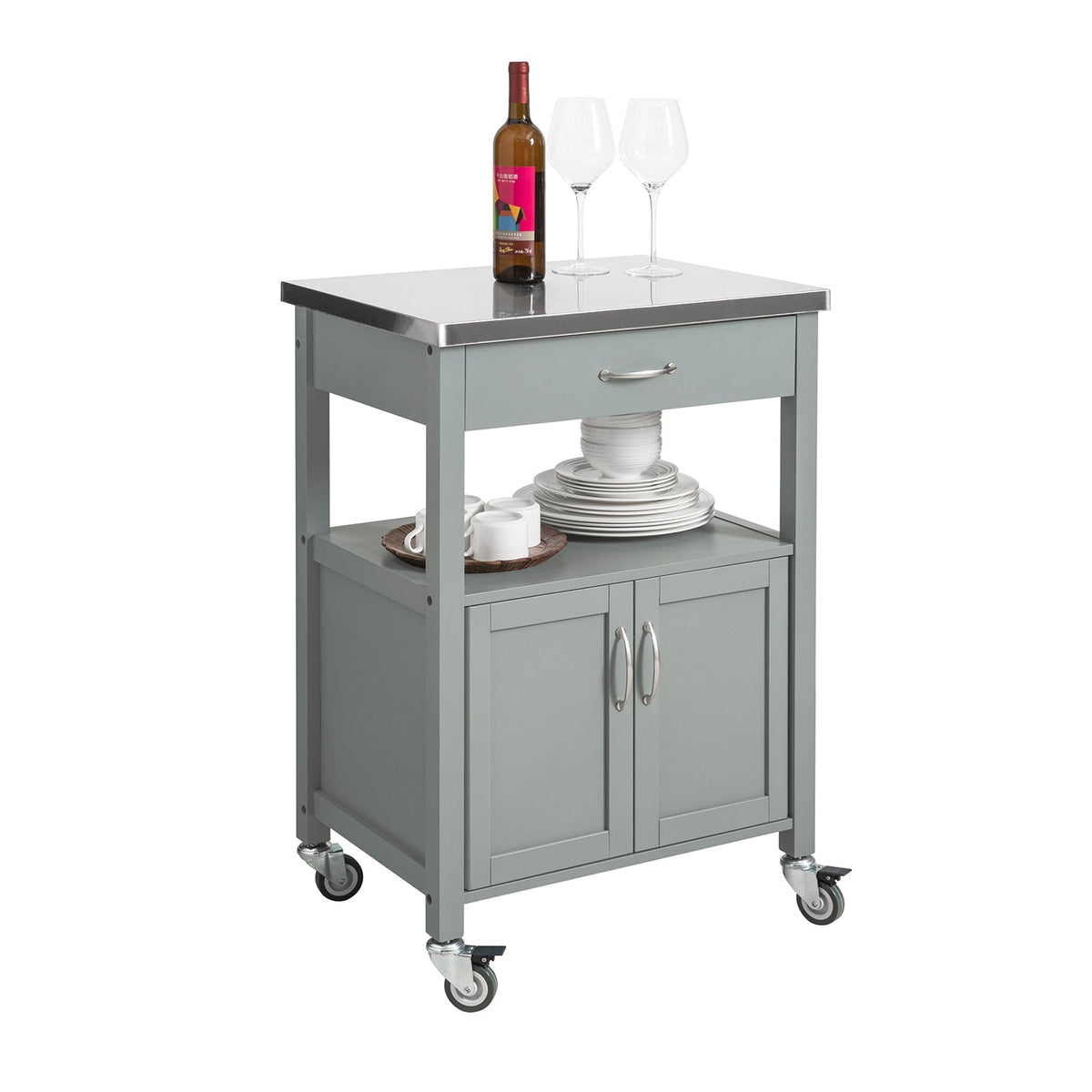 SoBuy Keukenwagen met 1 lade en 2 deuren - Max. 30KG - 60 x 44 x 92 cm - Grijs