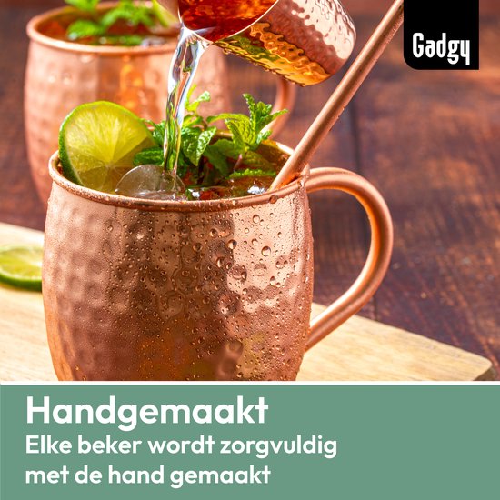 Gadgy Moscow Mule Bekers 4-delige Set - 100% Koper - Cocktailset : 4 Cocktailglazen, 4 Rietjes & 1 Barmaatje - Cadeau voor Vrouw en Man