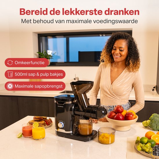 AoraKitchen Slowjuicer - met Omkeerfunctie - Sapcentrifuge - 500 ML - Juicer - voor Groenten en Fruit - Fruitpers - Zwart