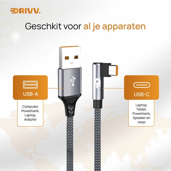 Drivv. USB naar USB C Kabel - Haaks - USB C Data en oplaadkabel - Fast Charge / Snellader - 3 Meter - Grijs