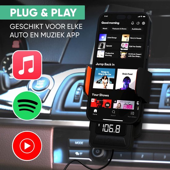 Serve 3in1 Bluetooth FM Transmitter, Telefoonhouder Auto & Draadloze Snellader 15W - Carkit voor Muziek - Telefoonhouders Auto Accessoires - Touchless Autolader - Ventilatie Houder