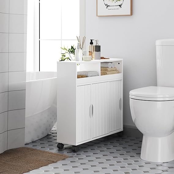 Yaheetech Badkamerkast 69,5 x 20 x 71,5 cm - Schuifdeuren - Wielen - Wit