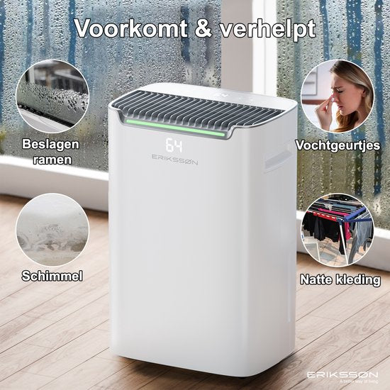 Erikssøn Luchtontvochtiger Dry Pro Plus - Ontvochtigt Tot 20 Liter Per Dag - Was-droog Functie - Geschikt Voor Huis, Slaapkamer , Badkamer , Woonkamer En Kelder - Dehumidifier - Vochtvreters Voor In Huis - Wit