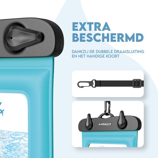 Travelly ® Waterdicht Telefoonhoesje Set van 2 – Universeel Onderwater Hoesje voor Smartphone – Geschikt voor alle telefoons – Drybag – Voor Vakantie, Zwemmen & Watersport – Zwart/Blauw