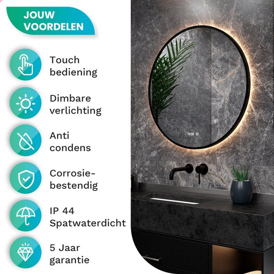 Mirlux Badkamerspiegel - LED Verlichting & Verwarming – Anti Condens - Wandspiegel Rond - Mat Zwart - 80CM