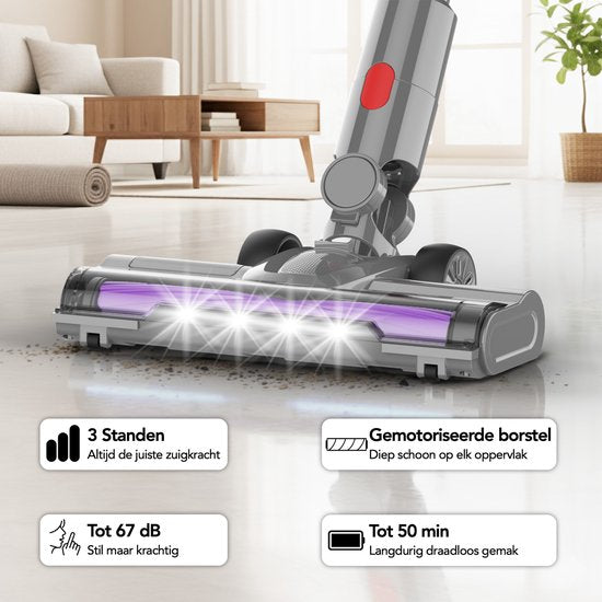 Brixy Steelstofzuiger Draadloos - 30 kPa Zuigkracht - 50 Min Gebruiktijd - Meerdere Filters - Kruimeldief - Draadloze Stofzuiger - Vacuum Cleaner - Grijs/Paars
