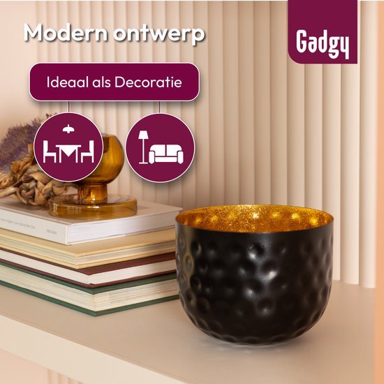 Gadgy Waxinelichthouder Rond - Theelichthouders - Decoratie Woonkamer - Sfeerverlichting Binnen - Kaarsenhouders voor Waxinelichten 14x15 cm - Windlicht Metaal - Zwart/Goud - Cadeau voor Vrouw