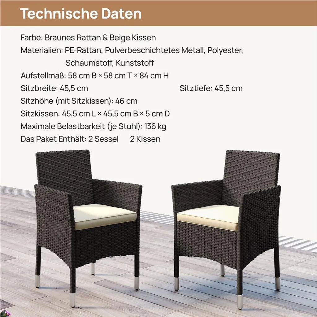 Yaheetech Tuinstoelen Set van 2 Polyrattan 58 x 58 x 84 cm - Bruin/Beige - Tuinfauteuils met Zit- en Rugkussen
