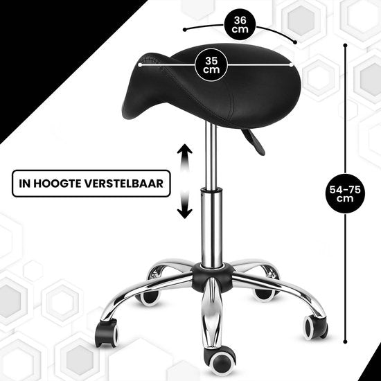 Bayt Zadelkruk - Zadelstoel - Kapperskruk - Zadelkruk op wielen - Tabouret - In hoogte verstelbaar - Zwart