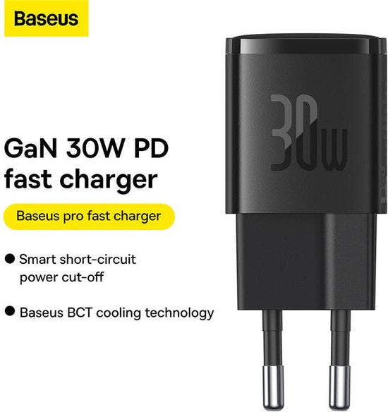 Baseus GaN5 30W Compacte Snellader USB-C PD Zwart