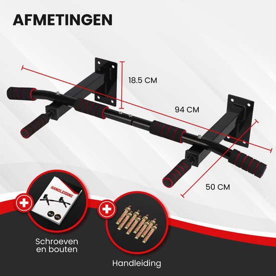 TTD® Premium Pull Up Bar – Wandmontage Dip Station – Tot 250KG – Home Workout – Zwart/Rood