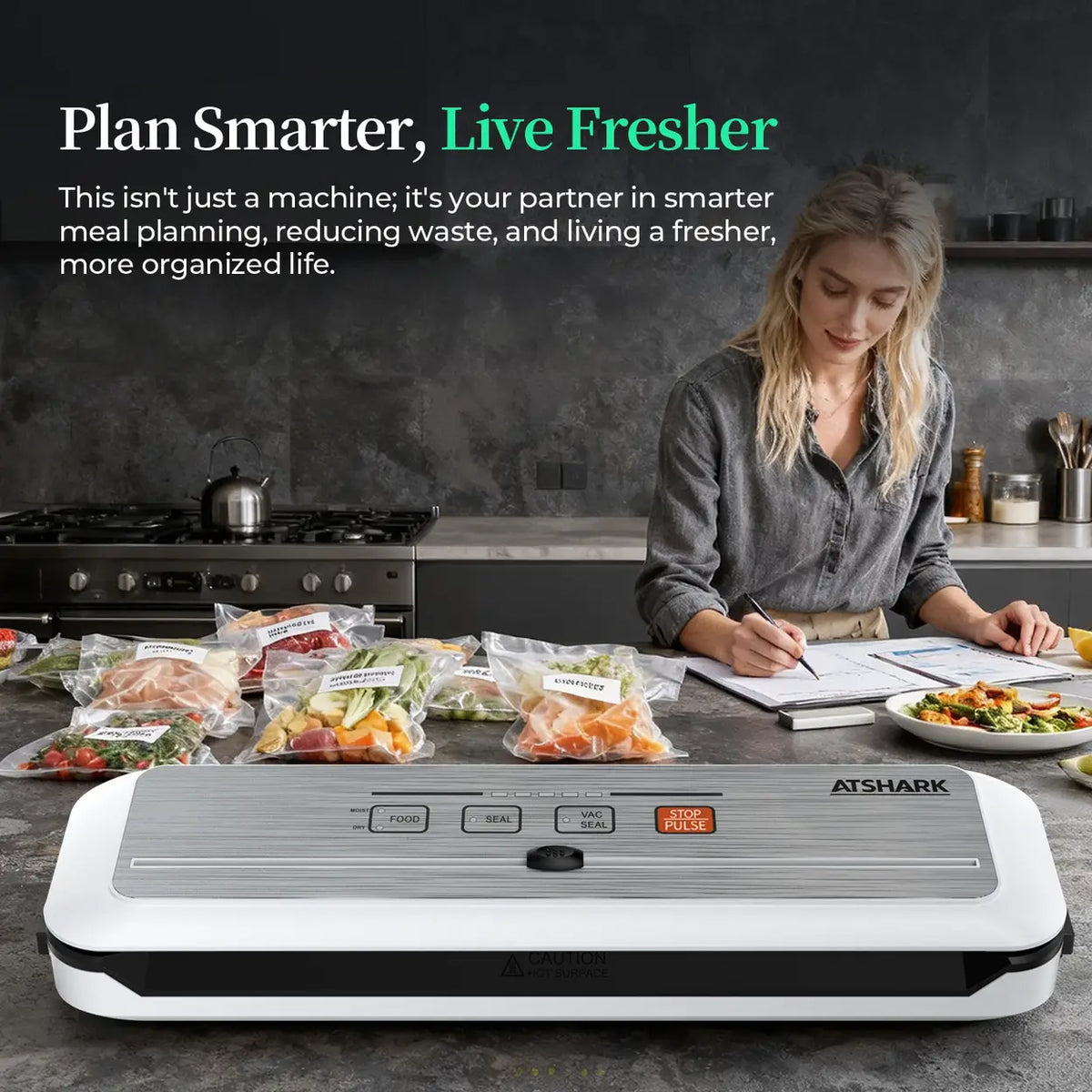 ATSHARK 5-In-1 Vacuum Sealer – High Pressure Touchscreen Design, Fast and Convenient, Includes 50 Vacuum Bags, Ideal for Home Food Preservation, White, VS6621