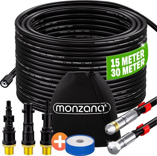 Monzana Afvoerslang 15m – 200bar Incl. Adapter & Mondstukken – Zwart