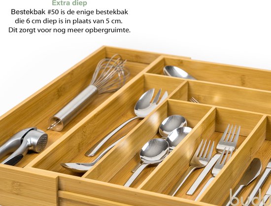 Budu Uitschuifbare Bamboe Bestekbak #50 (50 cm diep) - Bestekcassette Hout - Besteklade - 50 x 34,1 - 56 cm - 6/8 vakken
