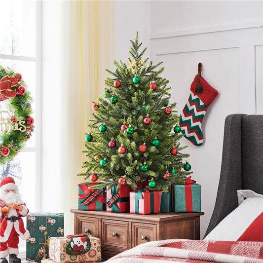 Yaheetech Kunstkerstboom Mini – 61 cm – Voorzien Van 62 Takken En Zware Betonnen Voet En Decoratieve Rode Stoffen Hoes – Voor Tafel En Vensterbank – Groen Polyethyleen En Metaal – 58 x 58 x 61 cm