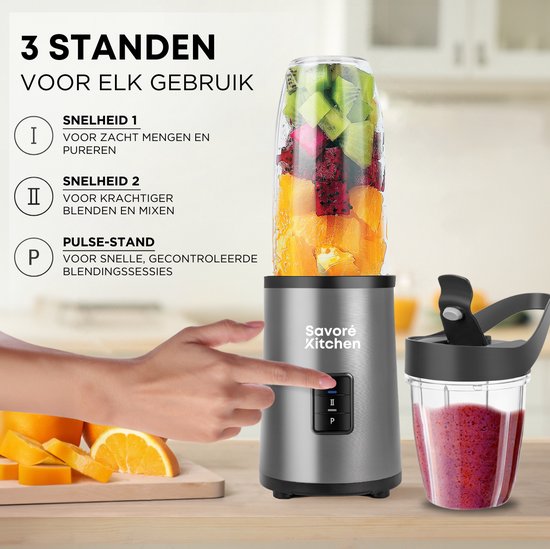 Savoré Kitchen Blender – Incl. 2 Bekers  – 700 W – 21,6 x 18,5 x 37,6 cm – Grijs