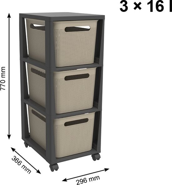Rotho Tower Brisen - design ladekast 3 x 16 L met wielen - Cappuccino