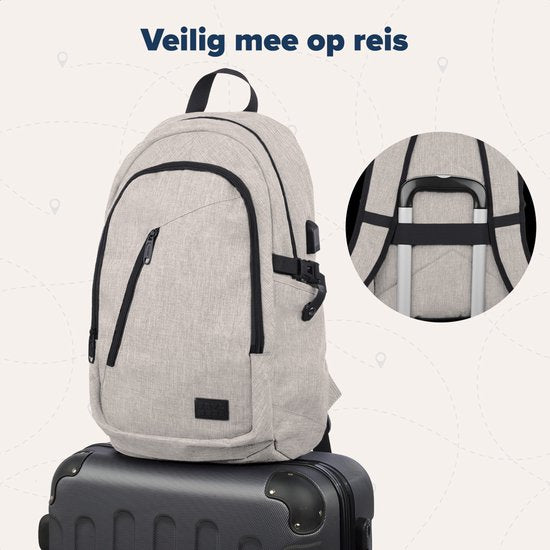 TRVLMORE Rugtas - 25L - 15,6 Inch - Laptop Rugzak met USB - Schooltas - Heren en Dames - Tas Champagne