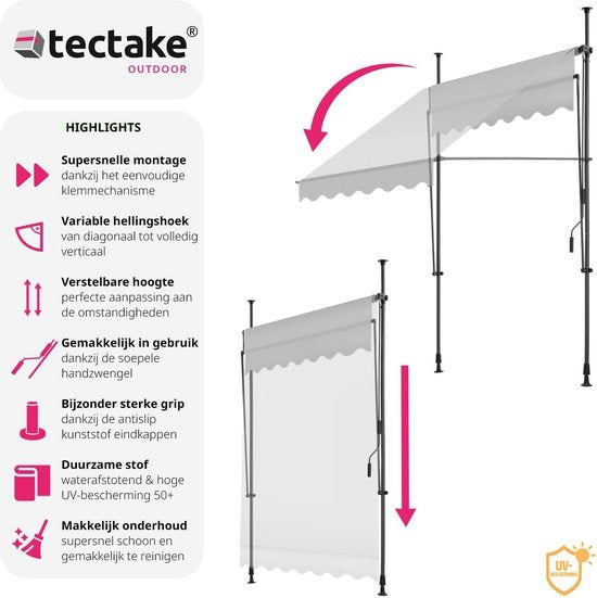 tectake Zonnescherm Verstelbaar – Zonneluifel - 150 x 180 cm - Lichtgrijs