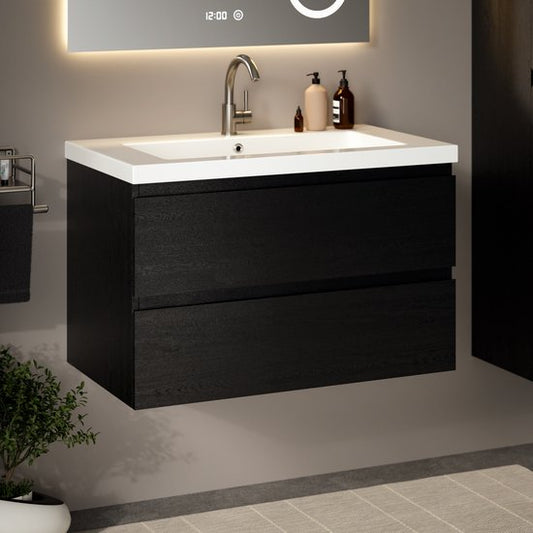 Mirlux Badkamermeubel Zwart Eiken 80 cm - Wastafel Wit - Badmeubel set - Wastafelmeubel Zwart Eiken