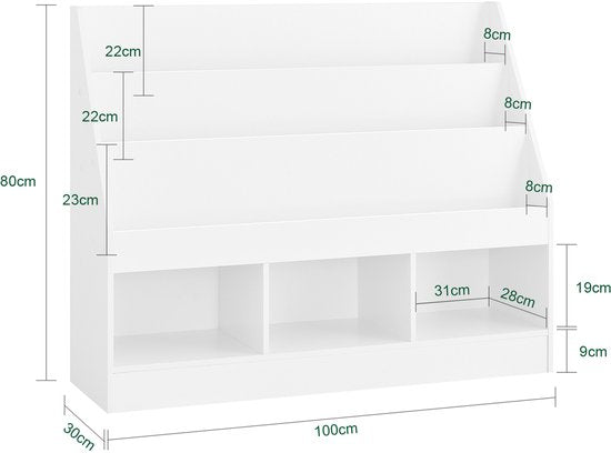 SoBuy Montessori KMB118-W Boekenkast voor kinderen, kinderrek met 3 opbergvakken en speelgoed opbergrek, kinderkamer, boekenrek en speelgoedrek, wit, 100 x 80 x 30 cm